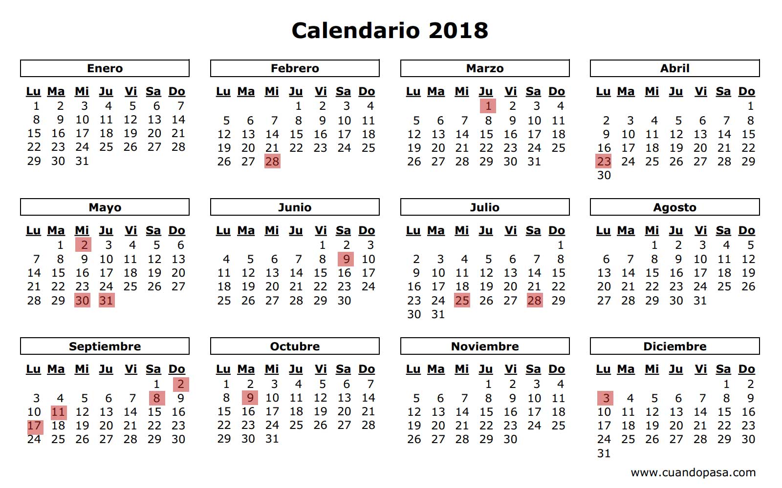 Calendario 2018 - Fiestas Comunidades Autonomicas