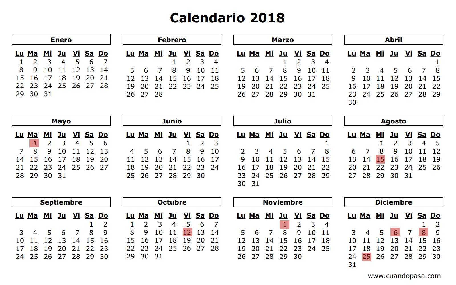 Calendario 2018 - Fechas importantes