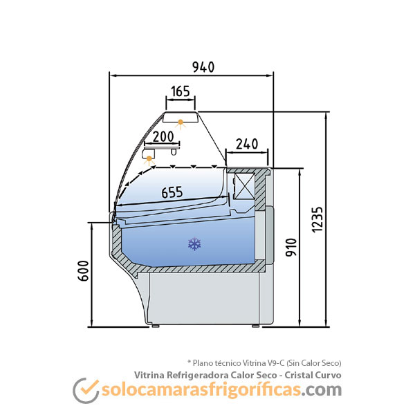 Plano técnico Vitrina Expositora Refrigerada - Calor Seco Cristal Curvo