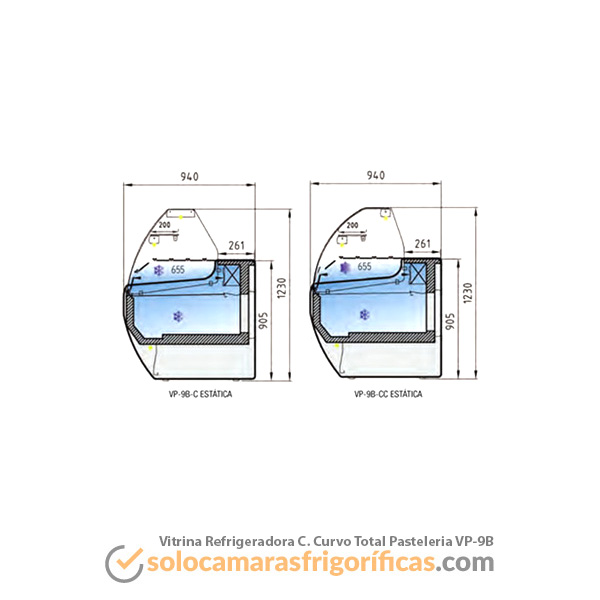 Dibujo Técnico Vitrina Expositora Refrigerada Curvo Total Pasteleria VP-9B